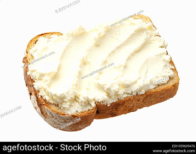 Toasted bread with cream cheese isolated on white background with clipping path, top view