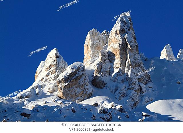 Peculiar dolomites peaks in winter from Ciampedie, Val di Fassa, Province of Trento, Trentino Alto-Adige, Italy