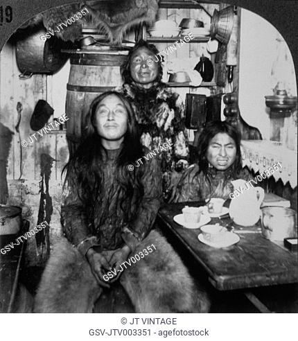 Eskimo Family in Home, Portait, Fort Magnesia, Cape Sabine, Ellsmere Island, Canada, circa 1900
