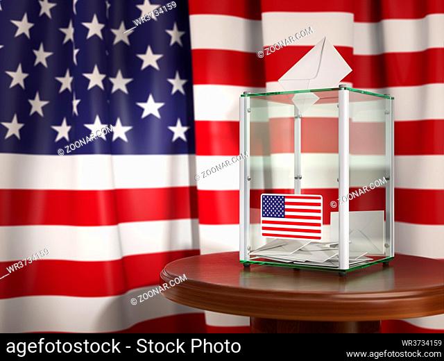 Ballot box with flag of USA and voting papers. Presidential or parliamentary election in USA. 3d illustration