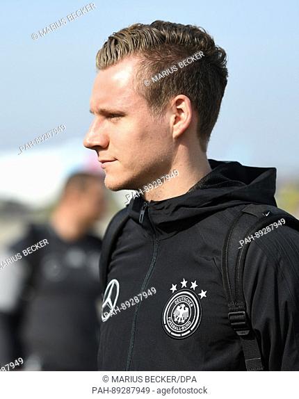 German national soccer player Bernd Leno arrives for the dpearture for the World Championships qualification match between Germany and Azerbaijan at the airport...