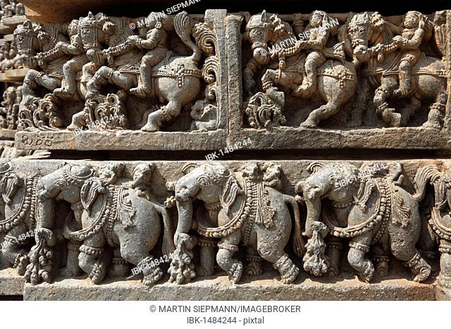 Riders on horses and elephants, rows of figurines on the wall of Kesava Temple, Keshava Temple, Hoysala style, Somnathpur, Somanathapura, Karnataka, South India