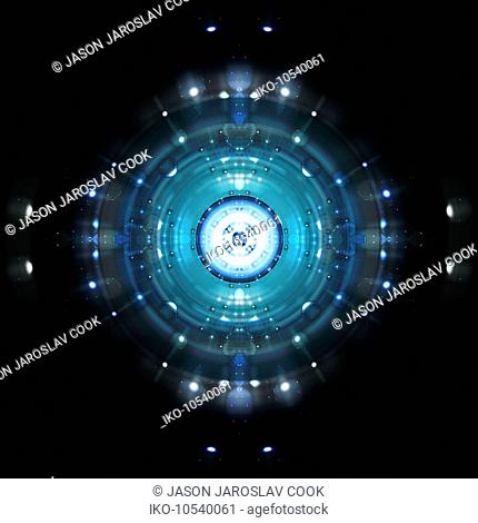 Blue spheres and concentric circles exploding from bright light