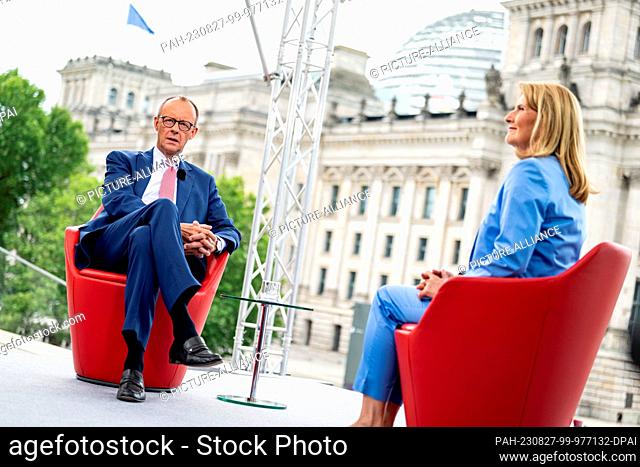 27 August 2023, Berlin: Friedrich Merz (CDU), party leader, takes part in the recording of the ARD summer interview in the ""Report from Berlin"" with Tina...