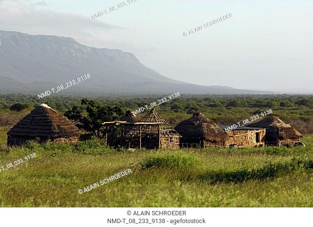 Huts on a landscape, Swaziland, South Africa