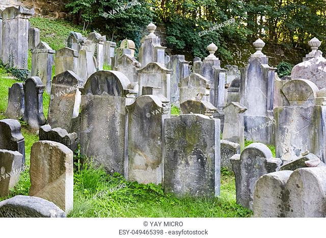 Old Jewish cemetery with stone gravestones in Turnov. Liberec Region, Czech Republic. Central Europe