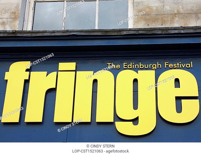 Scotland, City of Edinburgh, Edinburgh. View of Fringe Festival sign in Edinburgh
