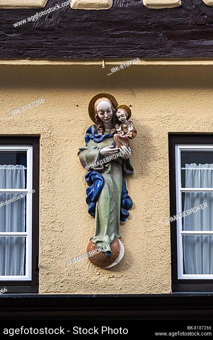 Facade on half-timbered house with figure of the Virgin Mary, Memmingen, Allgäu, Bavaria, Germany, Europe