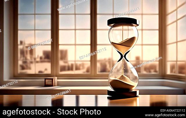 Old hourglass on a table in a modern room - symbolic image of transience
