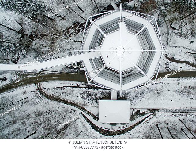 Aerial view of the snow-covered treetop walk taken with a drone in Bad Harzburg, Germany, 23 November 2015. About 180, 000 visitors walked on the 26-meter high...