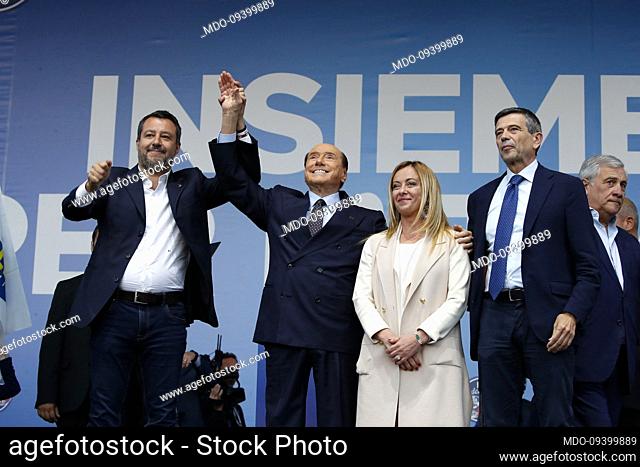 Closing of the center-right election campaign in Piazza del Popolo. In the photo Matteo Salvini, Silvio Berlusconi, Giorgia Meloni and Maurizio Lupi