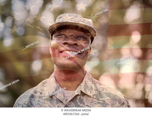 happy soldier smiling overlap with usa flag