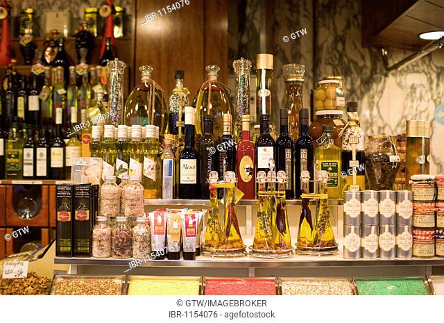 Olive oil stall, La Boqueria market, Barcelona, Catalonia, Spain, Europe