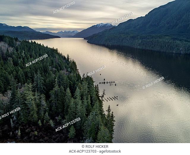 Drone image aerial view of Nimpkish Lake in Nimpkish Valley, northern Vancouver Island, British Columbia, Canada