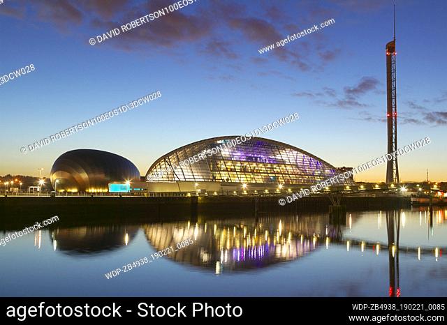 The Glasgow Science Centre and the IMAX cinema plus the Glasgow Tower beside the River Clyde, Glasgow, Scotland