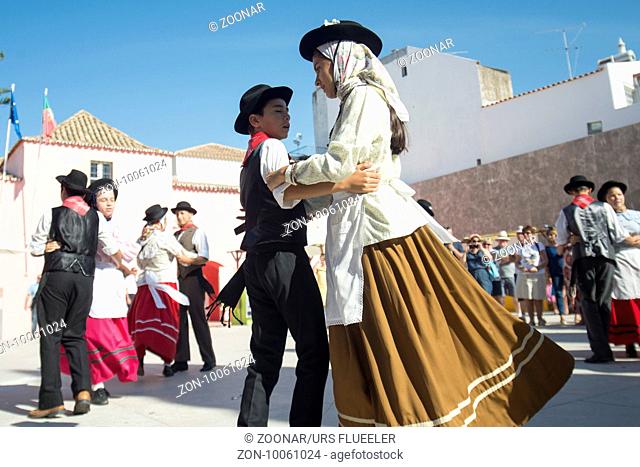 traditional portugese Dance at the Saturday Market in the town of Loule in the Algarve in the south of Portugal in Europe