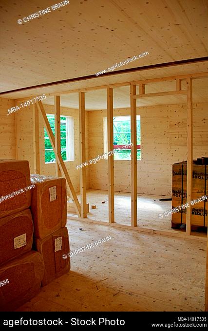 new construction, house, construction, wood, shell construction, wood construction, supports, insulation material, interior work