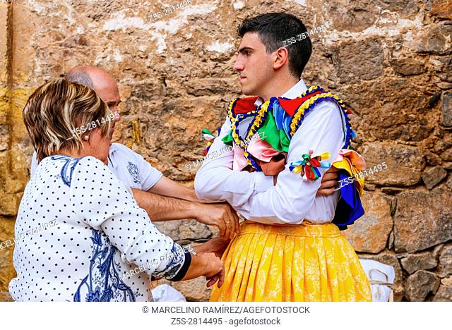 Dancers in the previous minutes. Famous folkloric traditional celebration called the Danza de los Zancos, Stilt Dance. Anguiano, La Rioja, Spain, Europe