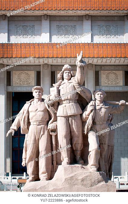 Revolutionary statues in front of Mausoleum of Mao Zedong at Tiananmen Square, Beijing, China