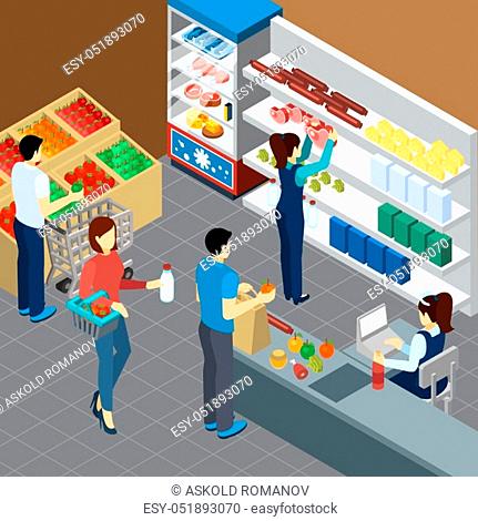 Grocery store isometric composition with visitors cashier and shelves with groceries products vector illustration