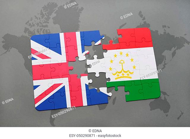 puzzle with the national flag of great britain and tajikistan on a world map background