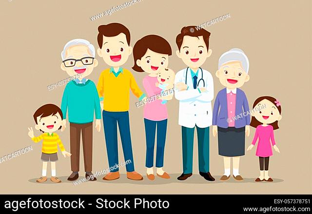doctor and family. Big Family together. Group of people standing. Little boy, teenager girl, woman, man, old man, senior woman, Father, mother, sister, brother