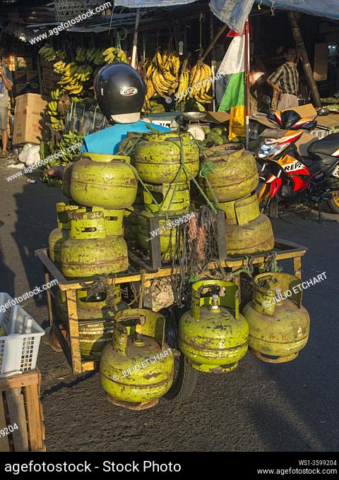 Bottle gas vendor in a market place in Jakarta, Indonesia