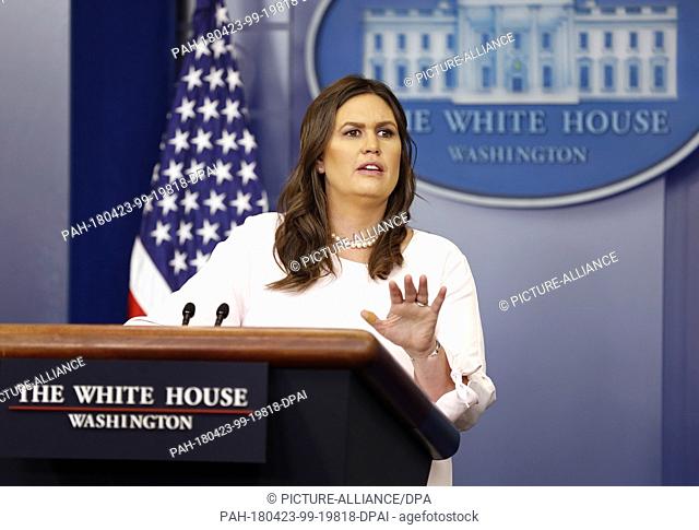 White House Press Secretary Sarah Sanders addresses reporters on the events of the day in the Brady Press Briefing Room of the White House, in Washington, DC