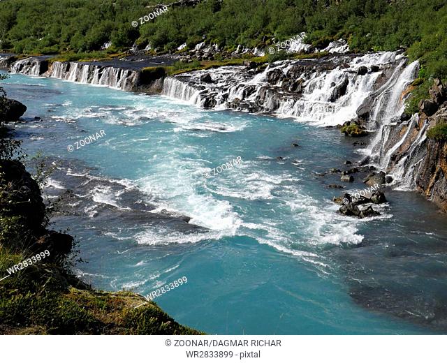 Hraunfossar Waterfalls in Reykholt Valley in West Iceland