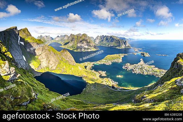 View from the mountain Reinebringen to fishing village Reine, fjord with islands and mountains, Reinefjord, Lofoten, Norway, Europe