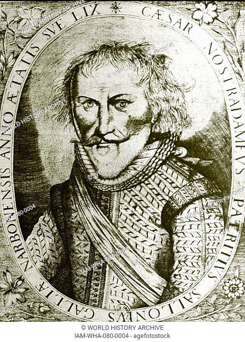 Engraved portrait of Michel de Nostredame (1503-1566) a French apothecary and reputed seer, during the 16th Century