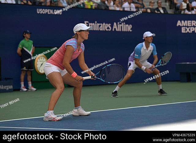 Belgian-French pair Kirsten Flipkens and Edouard Roger-Vasselin pictured in action at the match between Australian pair Sanders-Peers and Belgian-French pair...