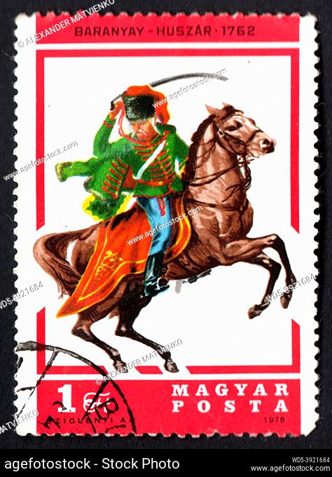 Hungary - CIRCA 1978: Hungarian postage stamp with rider on horseback. Hungarian Post. Hungarian postage stamp 1978. Magyar posta