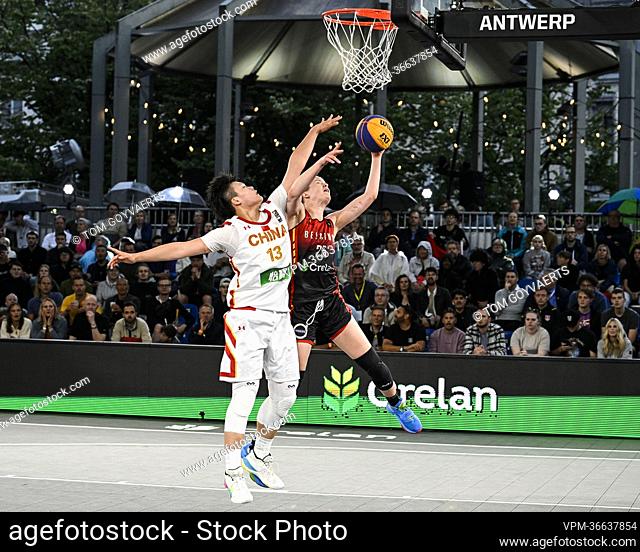 China's Ji Yuan Wan and Belgium's Becky Massey pictured in action during a 3x3 basketball game between the Belgian Cats and China