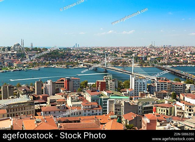 Panoramic view from Galata tower to Golden Horn, Istanbul, Turkey