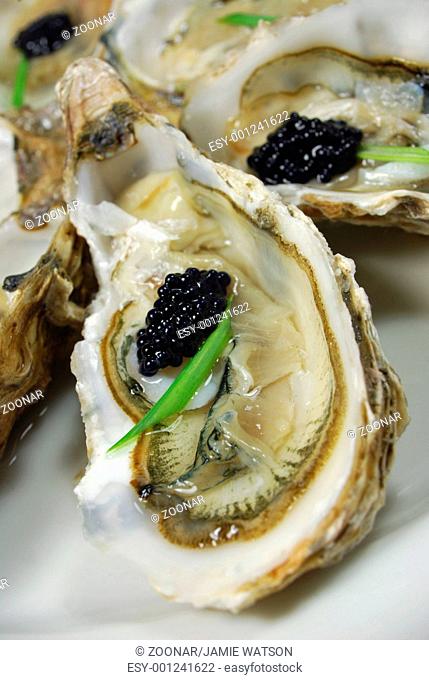 Oyster close up with caviar