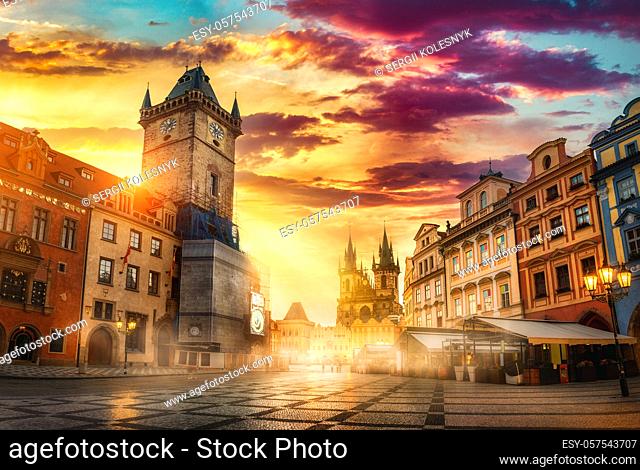Prague Old Town square illuminated in early morning