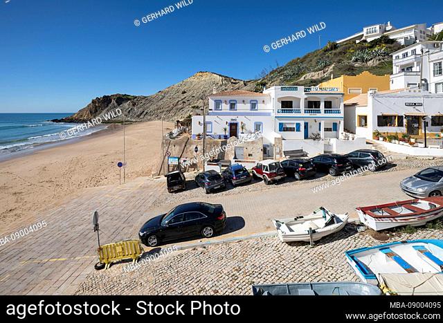 On the beach of the village of Burgau, the village is located in the natural park Parque Natural do Sudoeste Alentejano and Costa Vicentina, Algarve, Faro