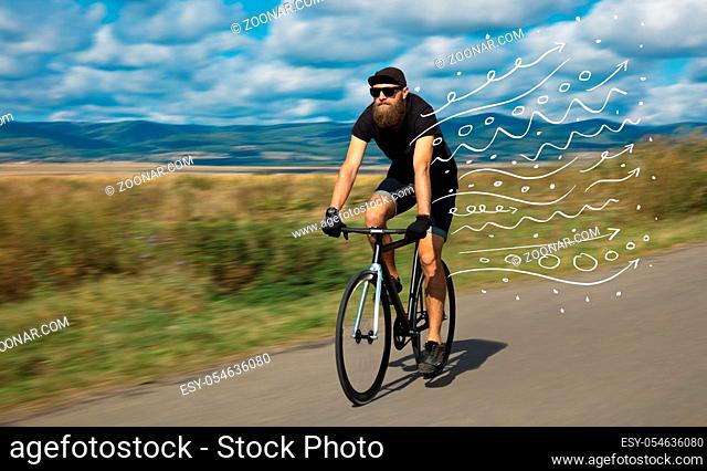 Fashion person riding bicycle in the nature with doodle concept