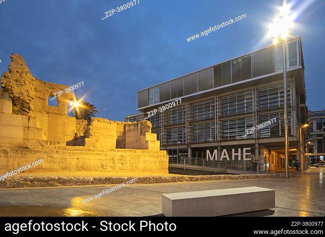 Elche Alicante Spain on February 24, 2021 The MAHE archeological Museum by night