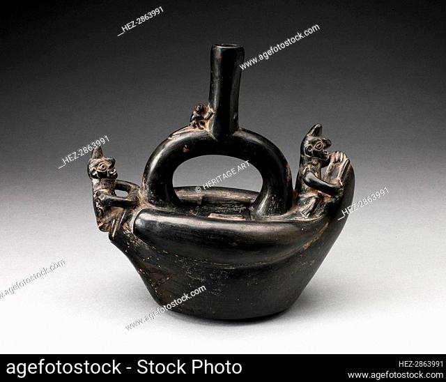 Single Spout Blackware Vessel in the Form of Figures Riding on Reed Boat, A.D. 1000/1400. Creator: Unknown