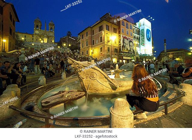 Tourists on the spanish steps and at a fountain in the evening, Rome, Italy, Europe