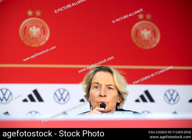 05 August 2023, Australia, Wyong: Soccer, women: World Cup, final press conference Germany: Martina Voss-Tecklenburg, national coach of the German women's...