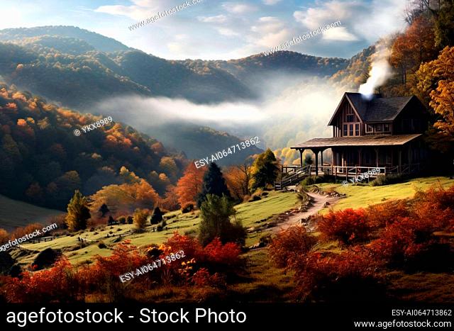 A picturesque shot of a cabin nestled in a valley, surrounded by rolling hills adorned with fall foliage, invoking a sense of autumn retreat