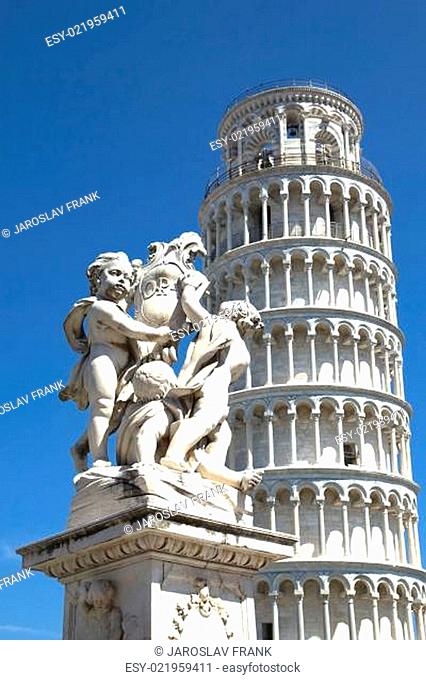 Statue And Leaning Tower Of Pisa