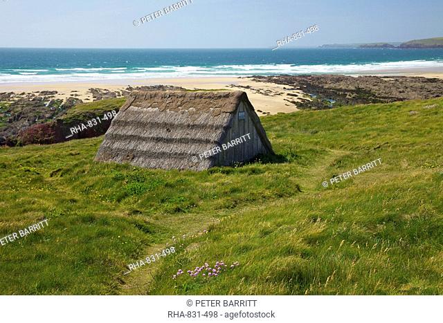 Seaweed drying hut, Freshwater West beach, Pembrokeshire National Park, Wales, United Kingdom, Europe