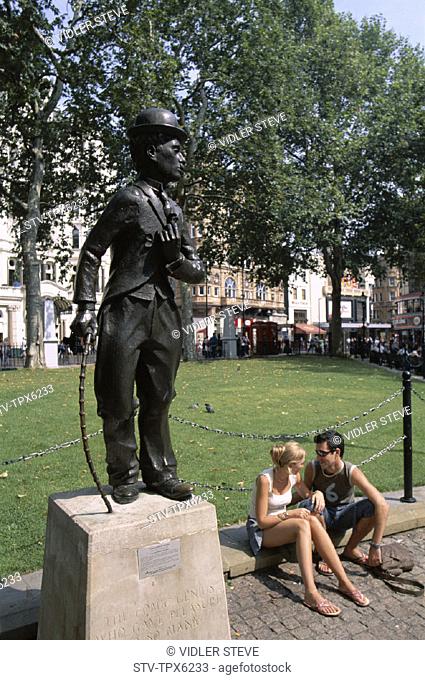 Charlie chaplin, Couple, England, United Kingdom, Great Britain, Holiday, Landmark, Leicester square, London, Statue, Tourism, T
