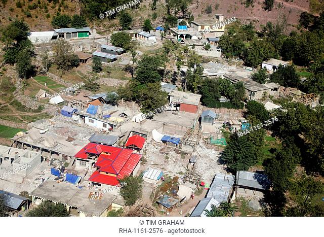 Demolished buildings seen from helicopter in earthquake area of Azad Jammu Kashmir, Pakistan