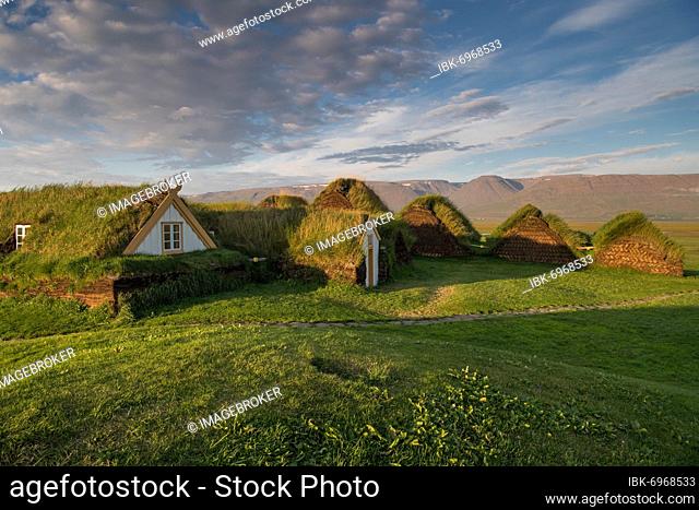Grass sod houses, evening light, peat farm or peat museum Glaumbaer or Glaumbær, Skagafjörður, Norðurland vestra, Iceland, Europe