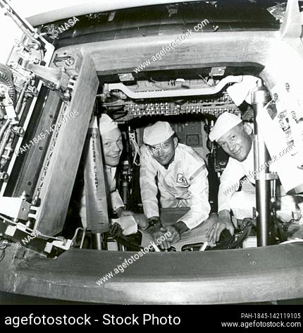 Cape Canaveral, FL - (FILE) -- The Apollo 11 crew conducting a crew compartment fit and functional check, of the equipment and storage locations